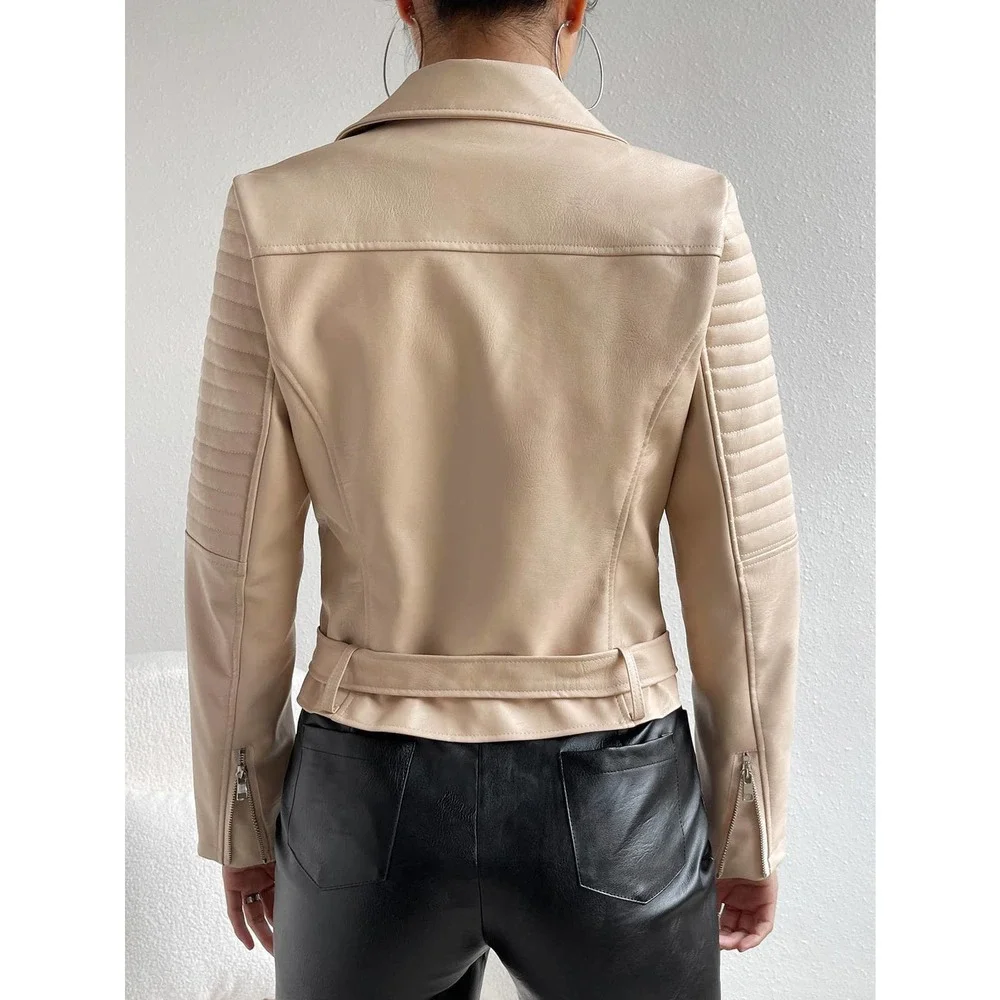 Lapel Collar Belted Zip Up vegan leather Moto Jacket black - Picture 8 of 11